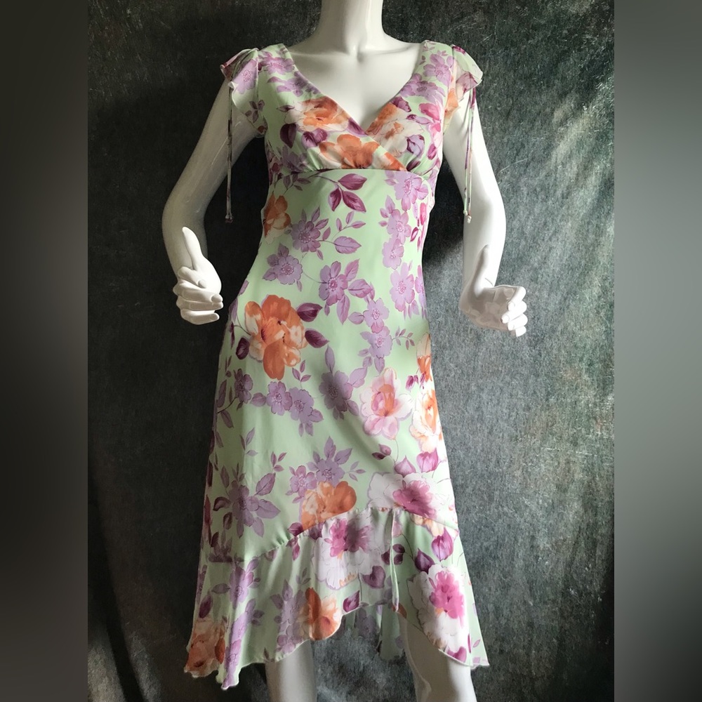Vintage Y2K 90s Floral Watercolor Ruffle Midi Dress XS